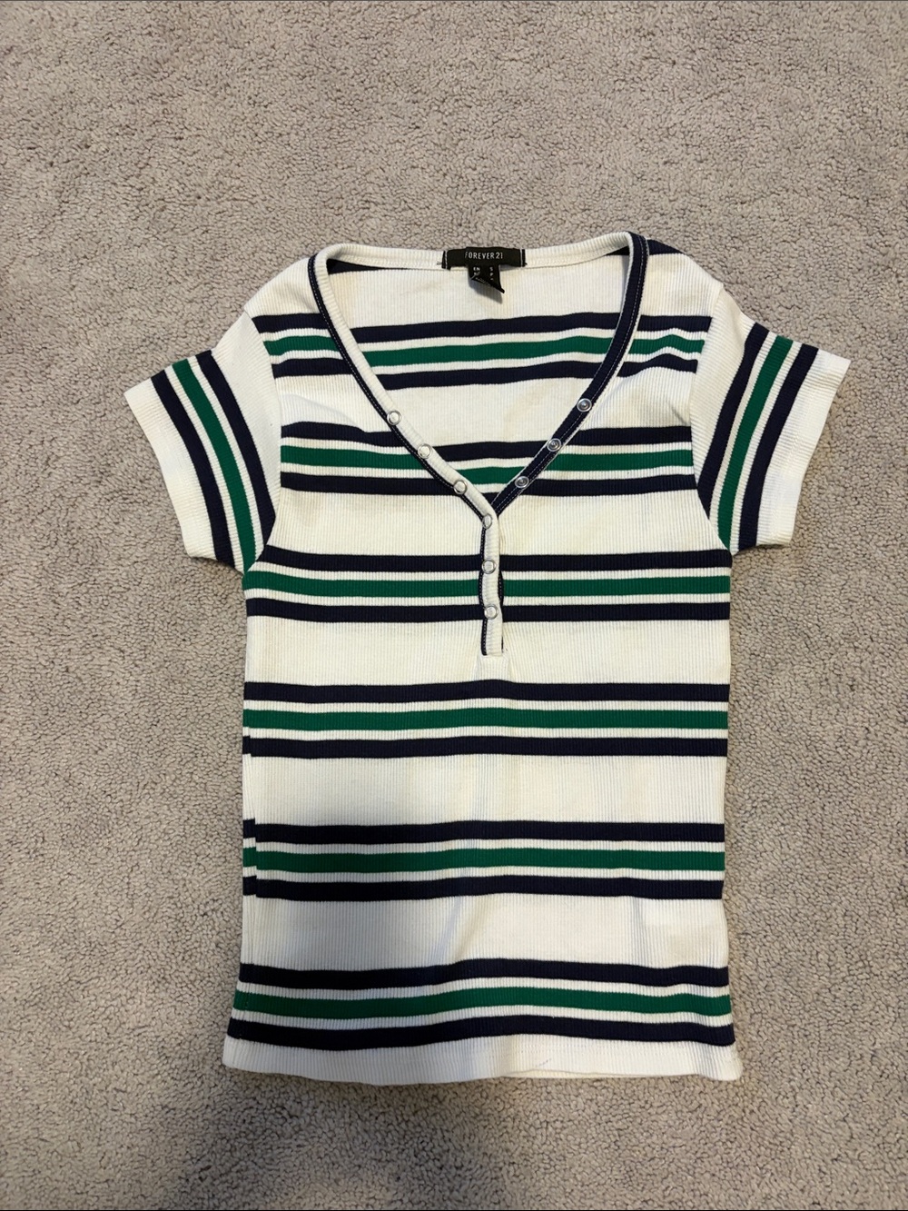 Forever 21 White Short-Sleeve Striped Henley Top with Navy & Green